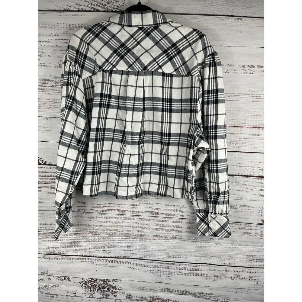 BP Shirt Women's Small Ivory Black Plaid Flannel Puff Sleeve Button Up Nordstrom - Picture 7 of 7